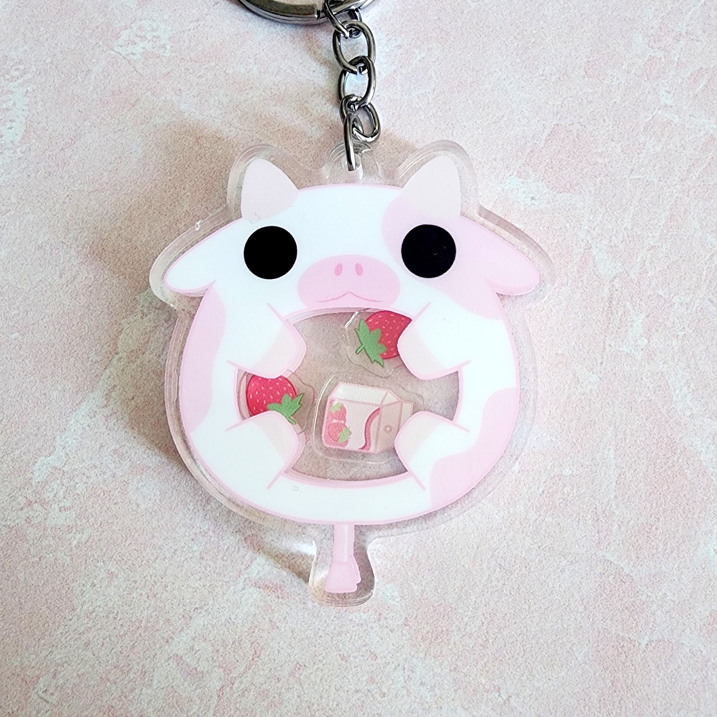 Adorable Strawberry Cow Shaker Acrylic Charm Keychain