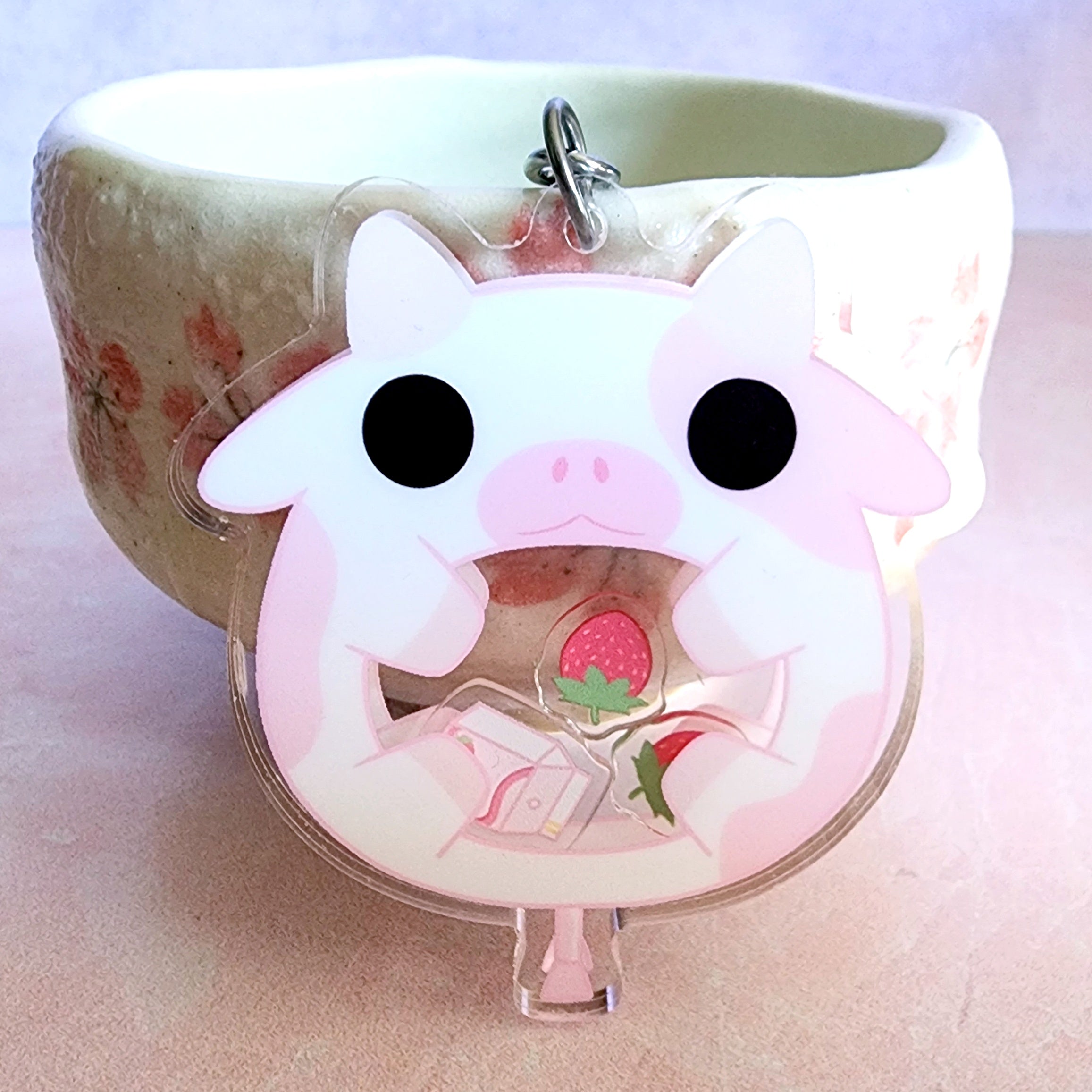 Adorable Strawberry Cow Shaker Acrylic Charm Keychain