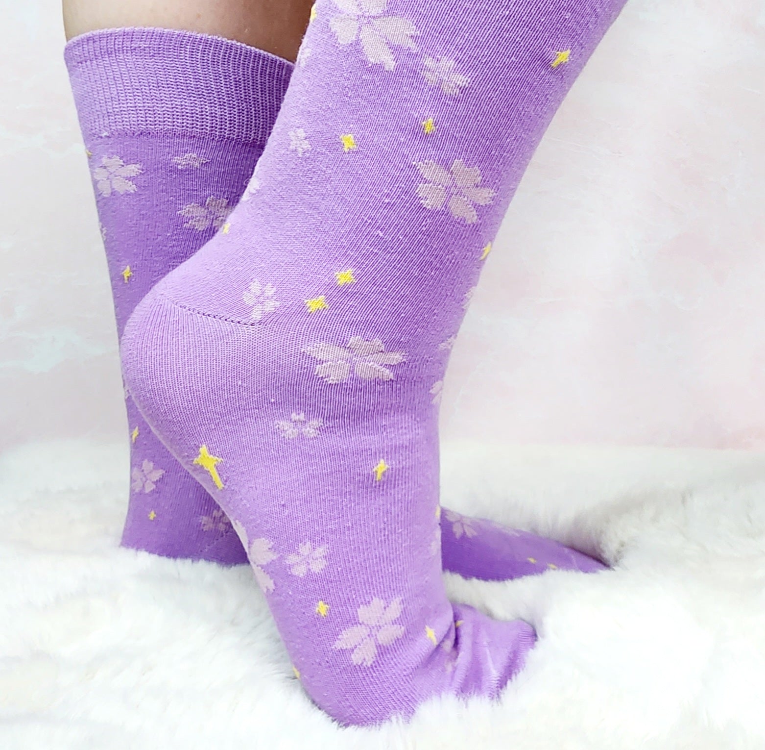 Purple Sakura and Stars Inspired Crew Socks