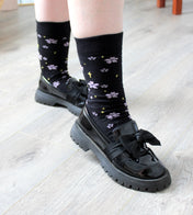 Black Sakura and Stars Inspired Crew Socks