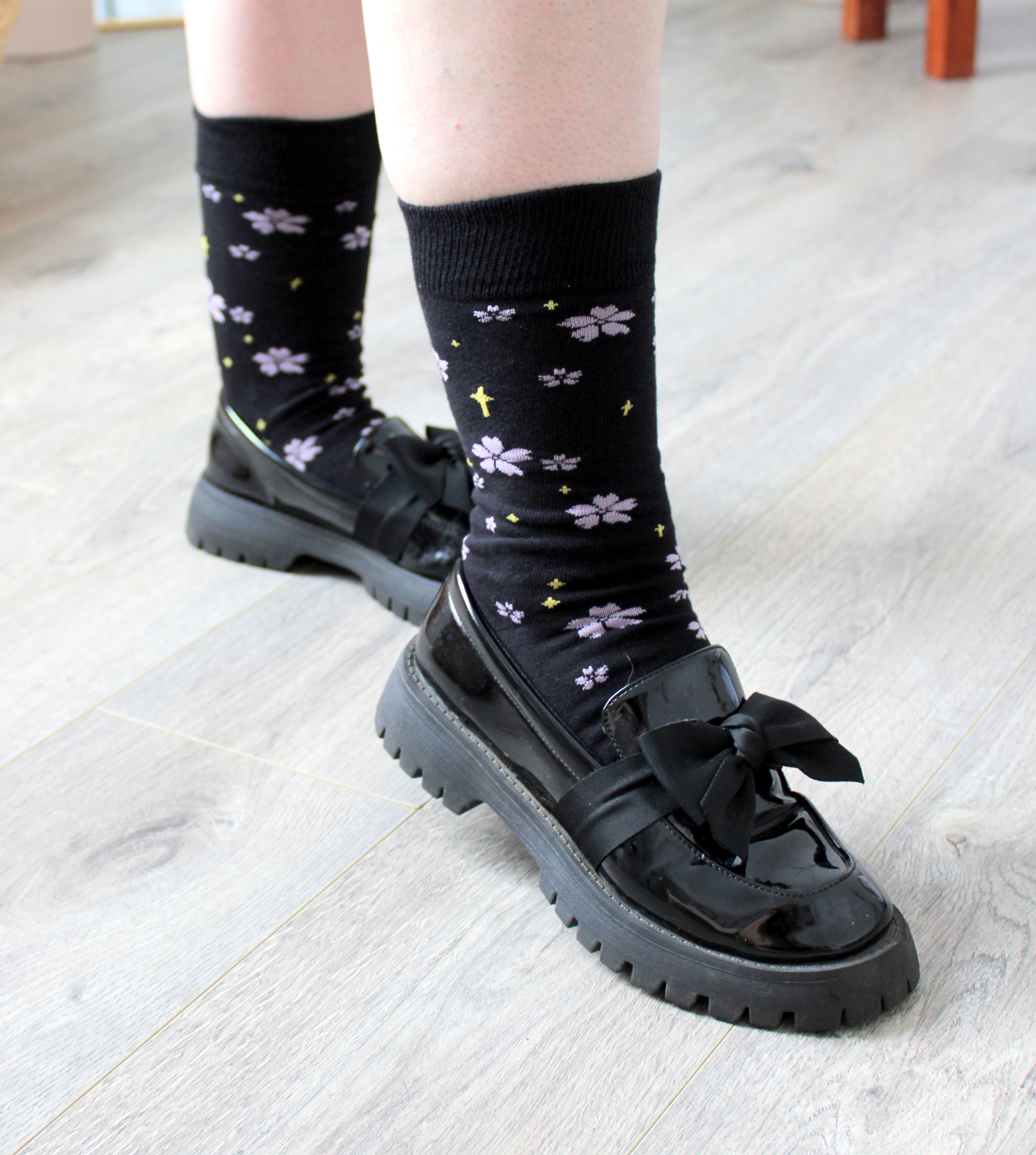 Black Sakura and Stars Inspired Crew Socks