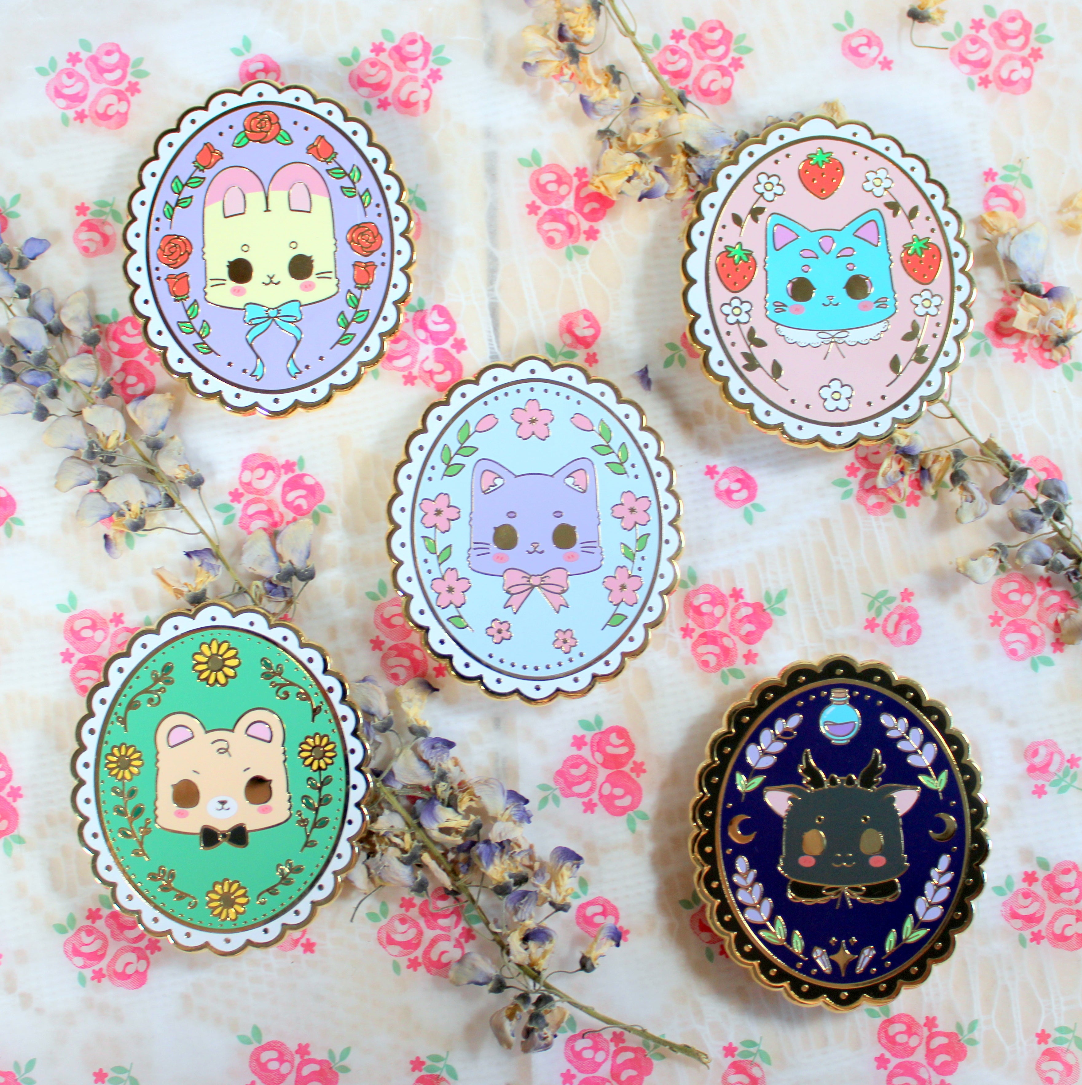 Kawaii Laced Catfe Portrait Enamel Pins