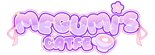 Decorative text 'MEGUMI'S CATFE' with a pink and purple color scheme on a white background.